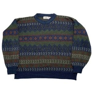 Vintage Sears Mens Store Fair Isle Sweater Large Blue Geometric Knit Cabincore